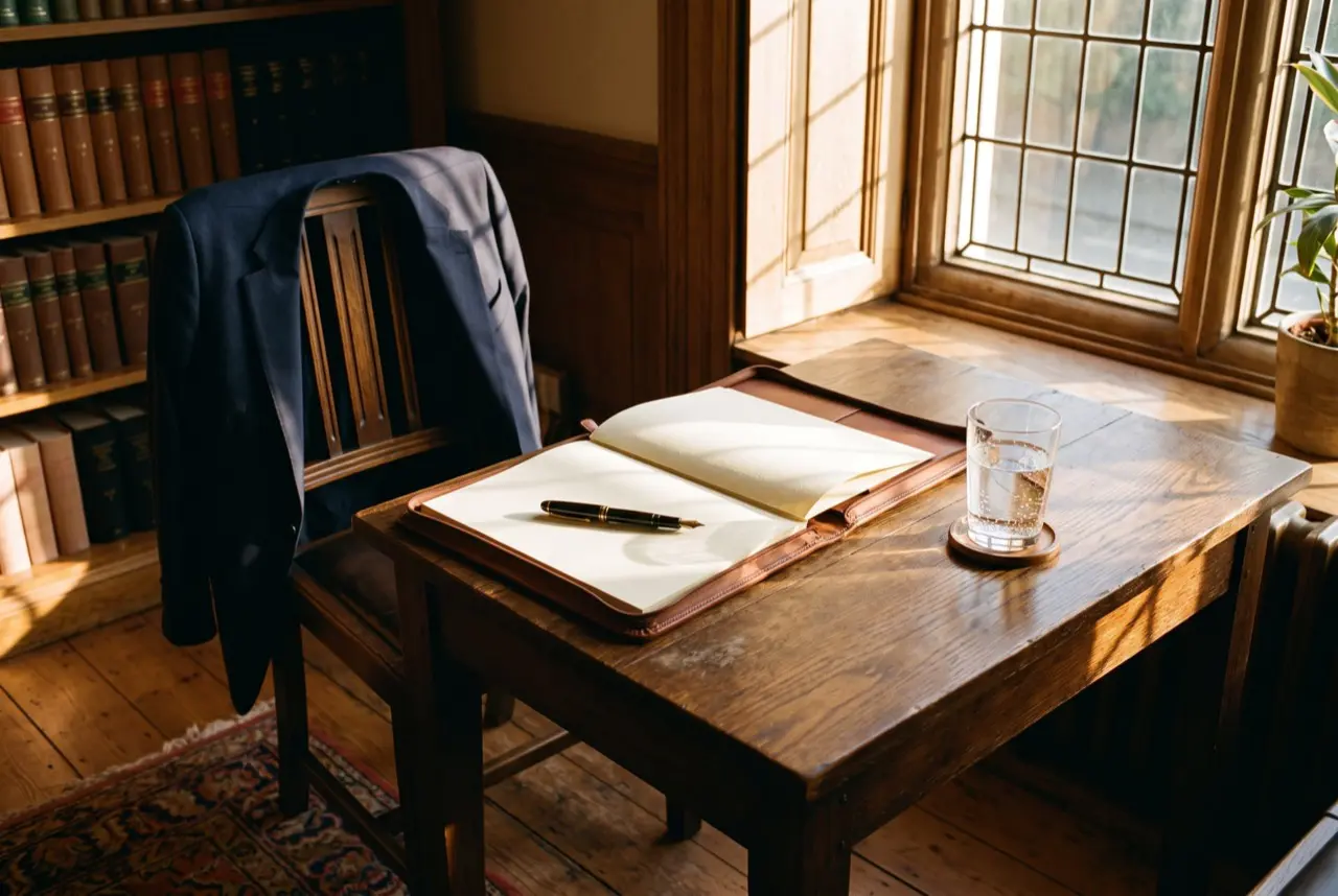A leather folder open on a dark table beside a window, prepared for court