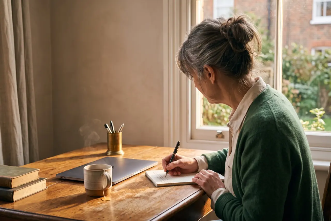 A safeguarding professional writing in a notebook at her desk, seen from behind