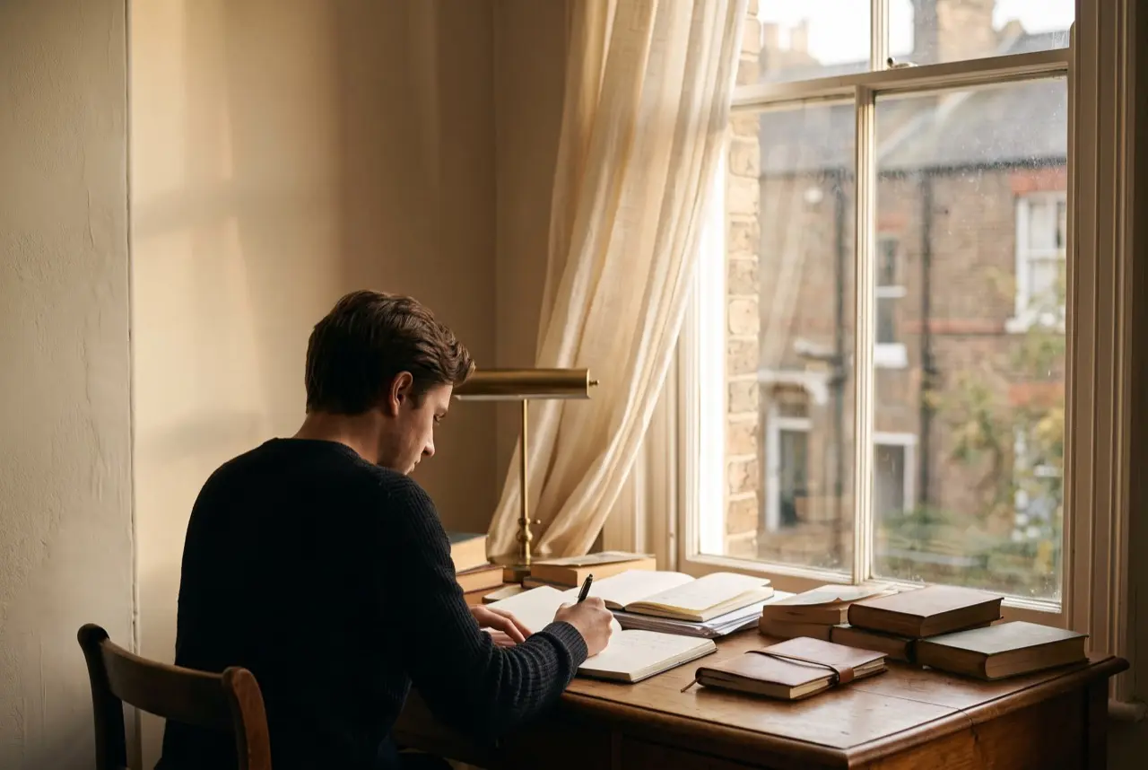 A person writing at a desk, silhouetted against warm afternoon light
