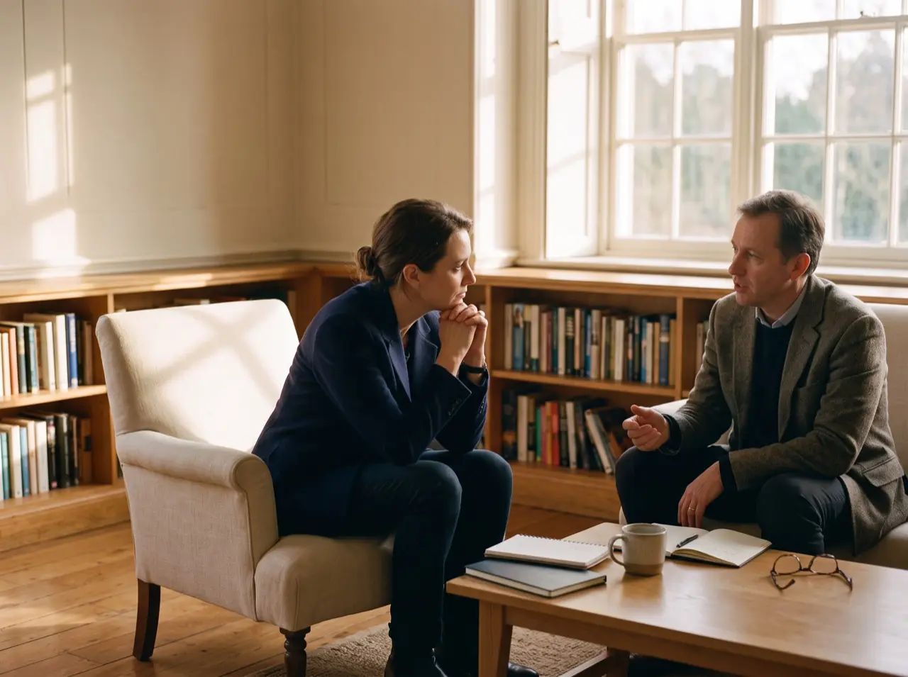 Two safeguarding colleagues laughing together over coffee beside a sunny window